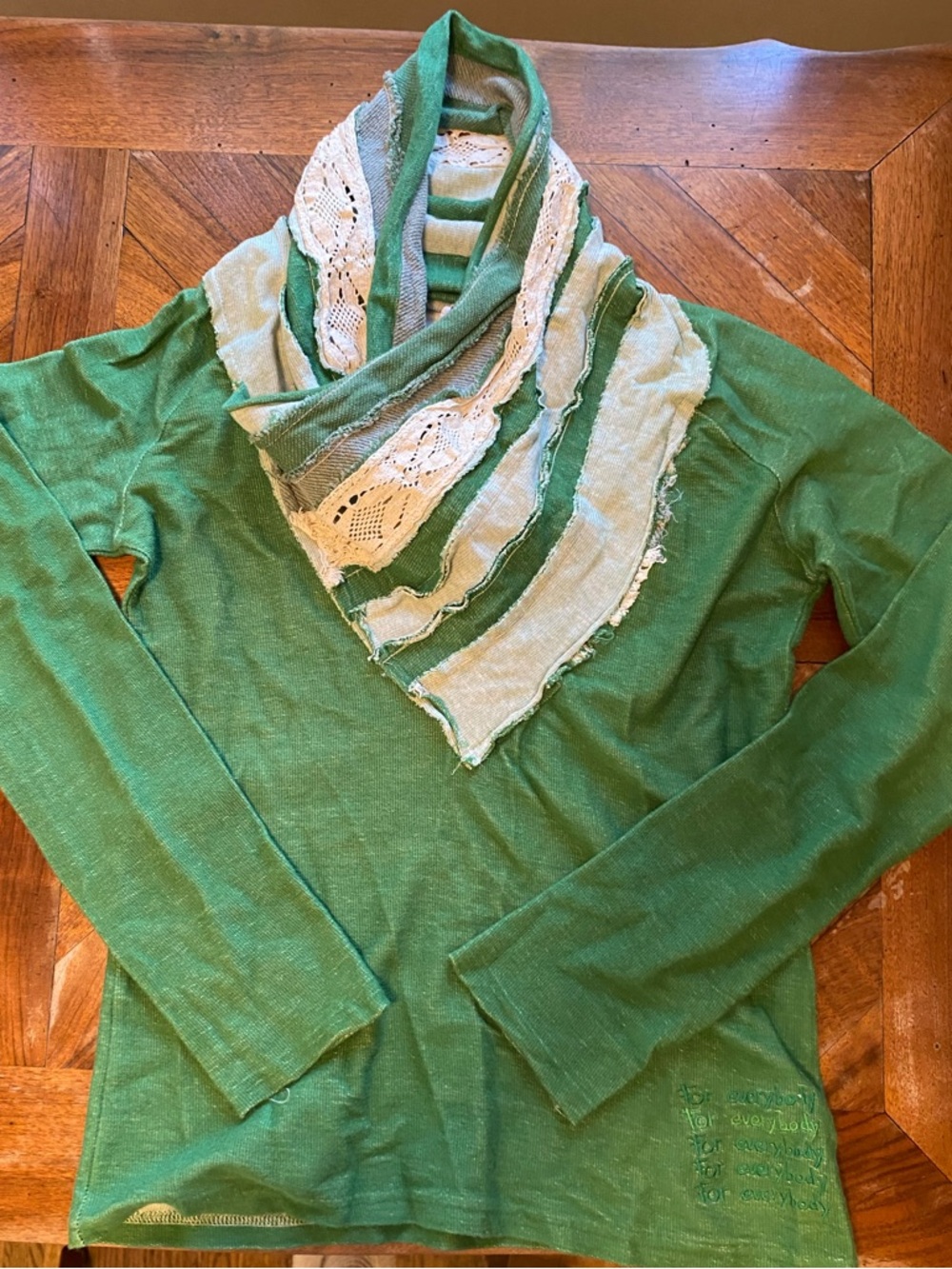 Desigual Green Knit Sweater Top with Cream Lace Trim Size L Bohemian Dune Boho